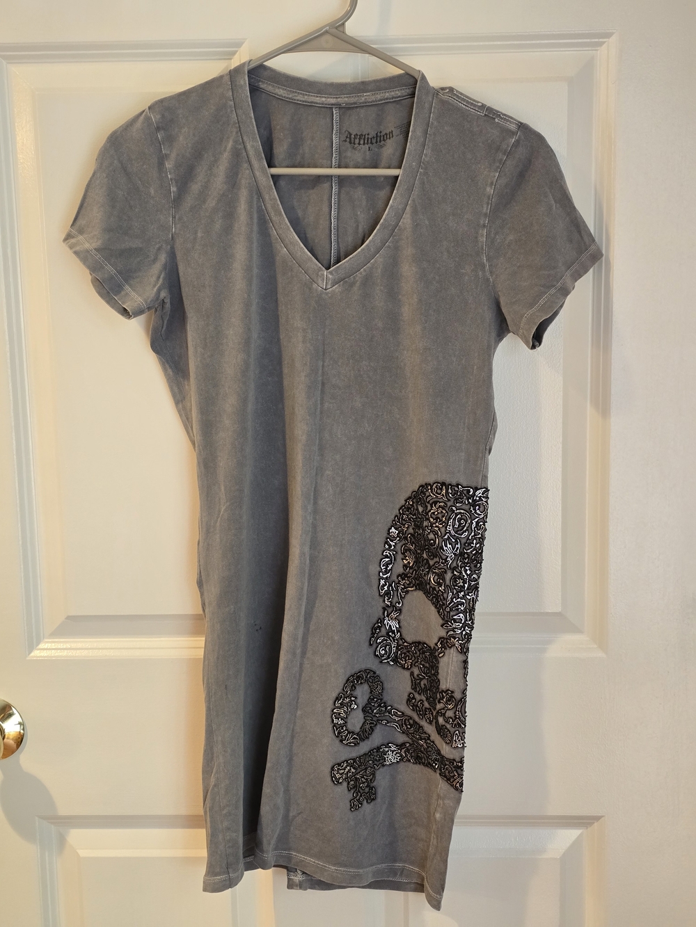 Affliction Grey V-Neck Dress with Ornate Skull Detail